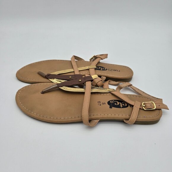 Rue21 Etc Tan Flat Sandals Size 6/7 With Gold & Brown Straps Adjustable Buckle C - Picture 2 of 8